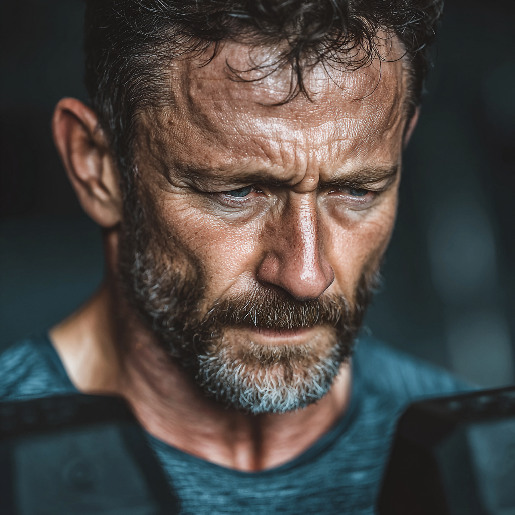 Hombre de 55 años realizando ejercicios con mancuernas en el gimnasio, con expresión de concentración y determinación