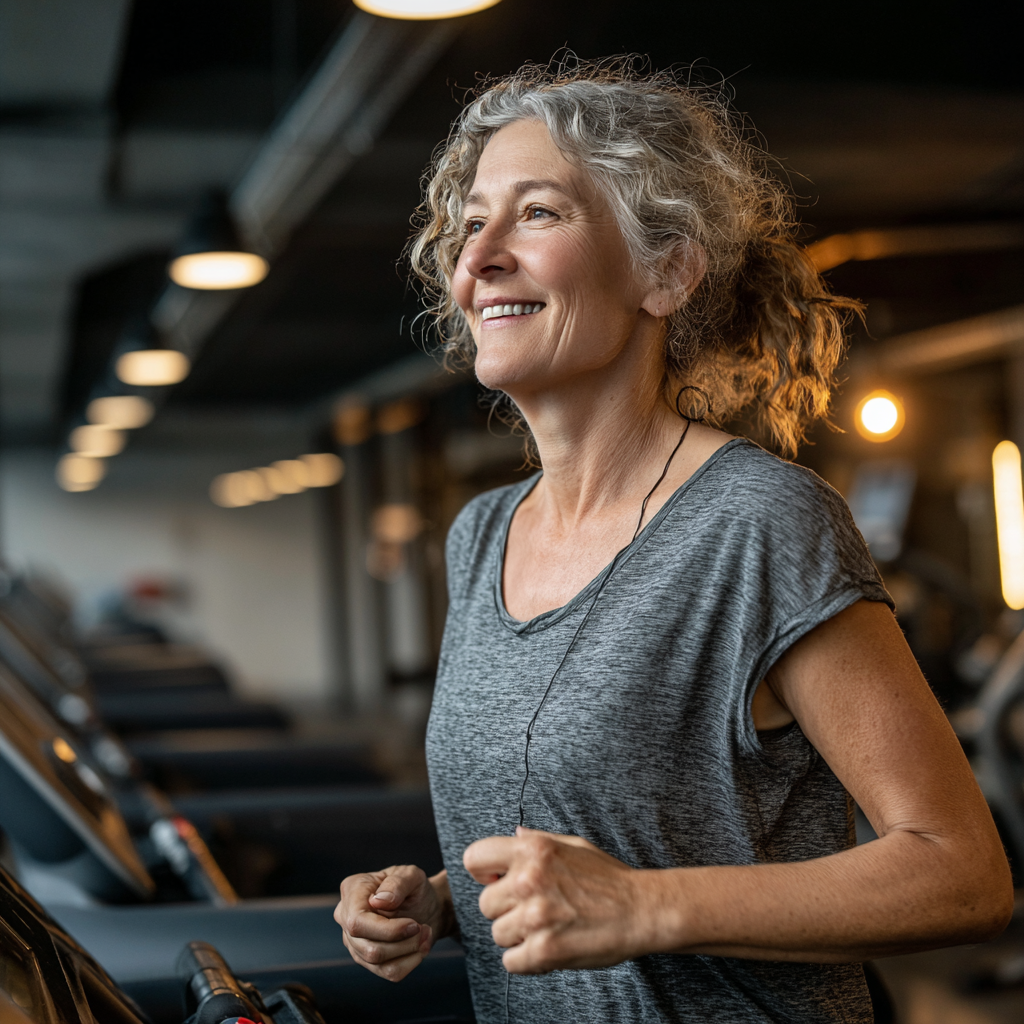 Mujer de 58 años caminando en cinta de correr con sonrisa, llevando ropa deportiva cómoda en gimnasio moderno