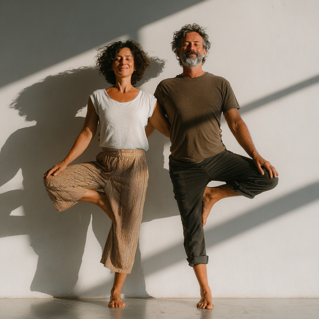 Pareja de esposos de aproximadamente 55 años practicando ejercicios de flexibilidad y equilibrio juntos en estudio luminoso