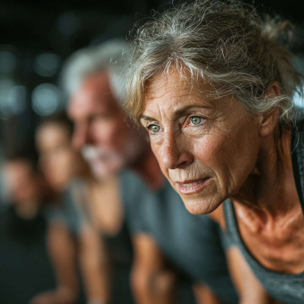 Grupo de personas entre 50 y 60 años realizando ejercicios HIIT en clase grupal, mostrando energía y trabajo en equipo